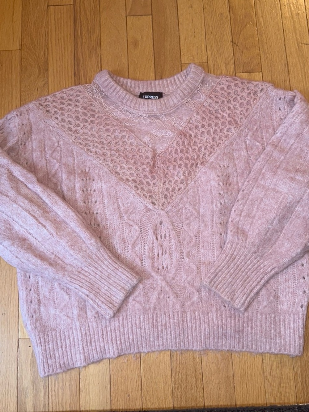 Express Light Pink Cable Knit Lace-Panel Crew Neck Sweater